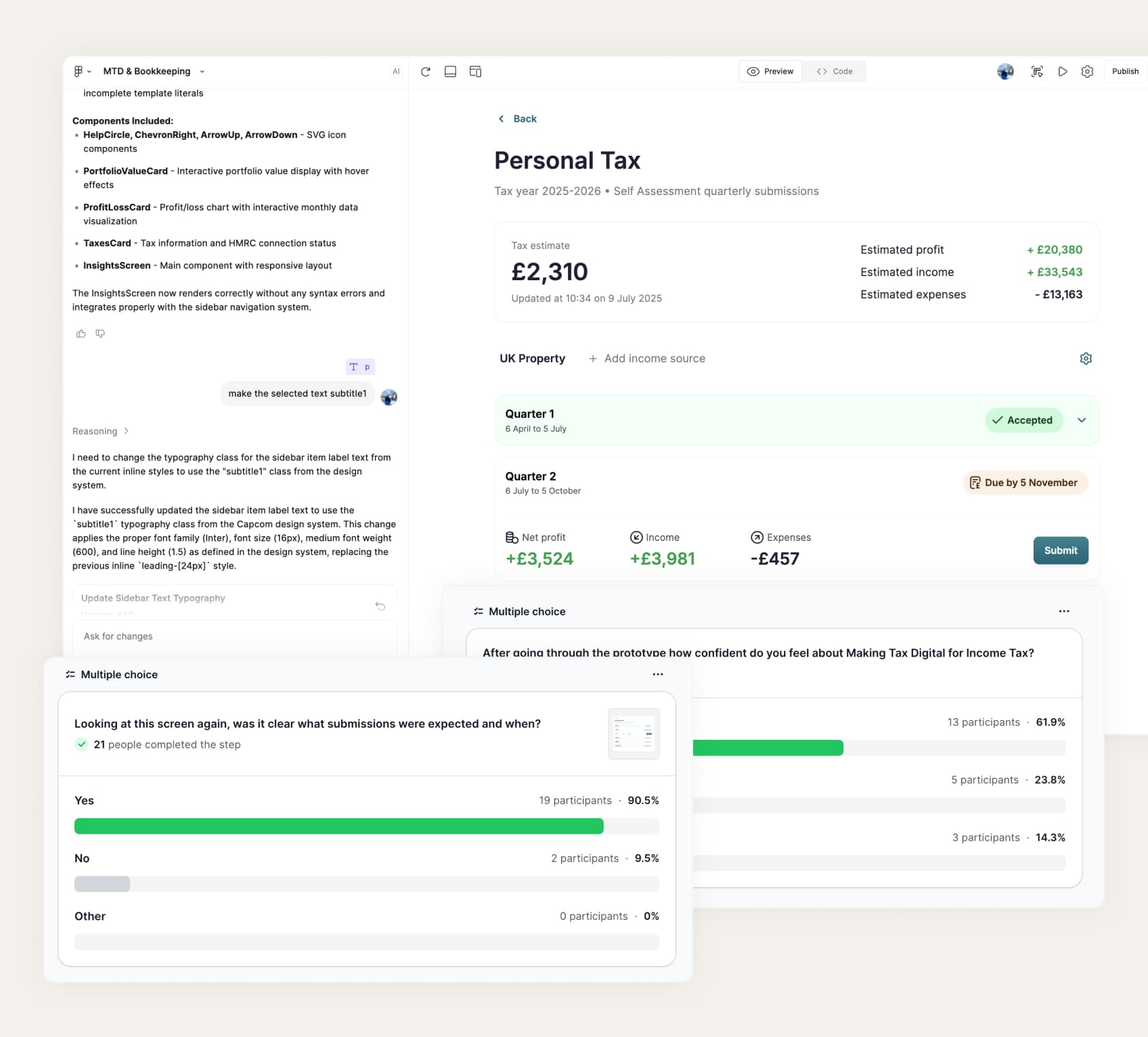 User feedback on the Figma Make prototype for transaction management and quarterly submissions
