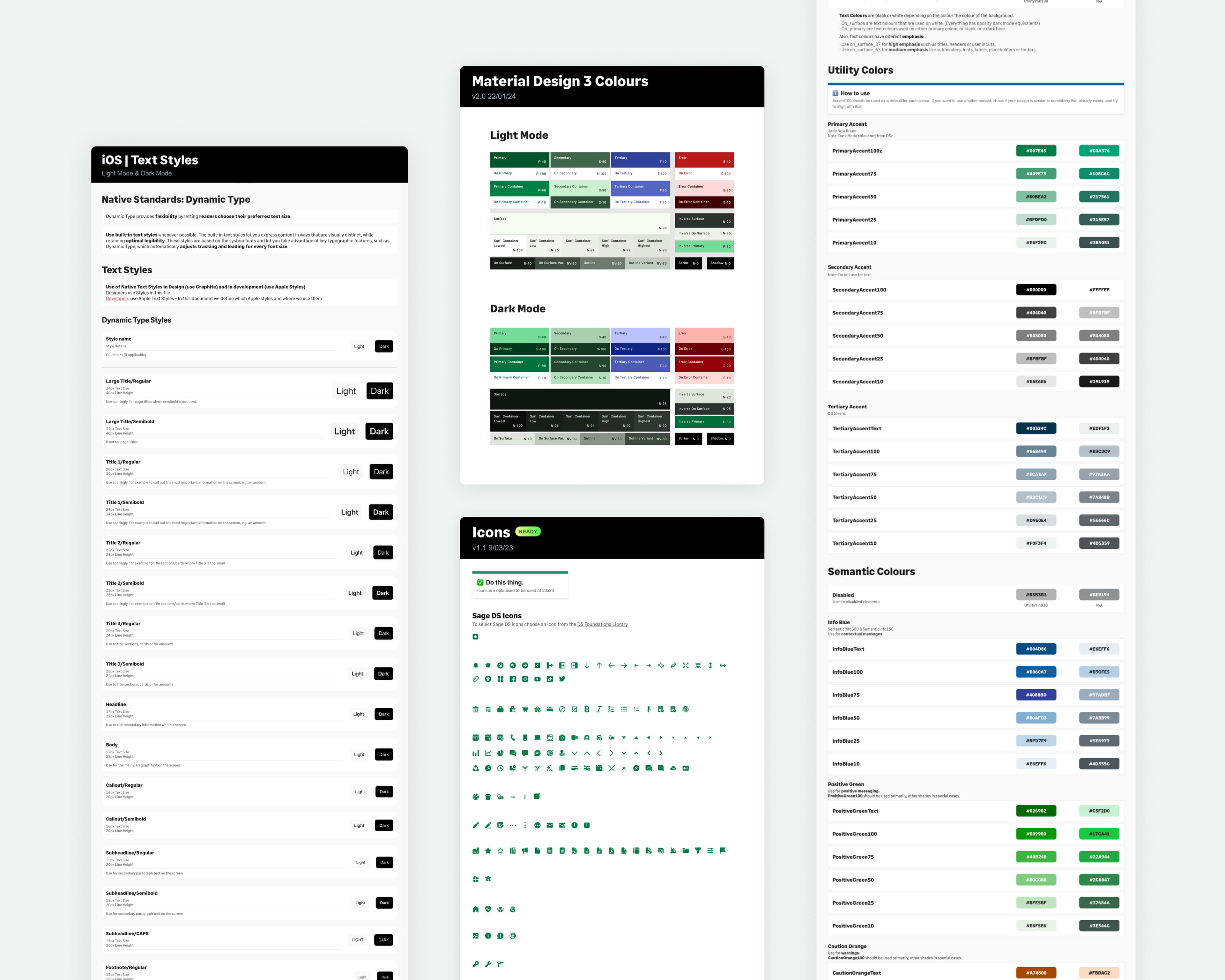 Design system foundations showing colour variables, typography, and icon library