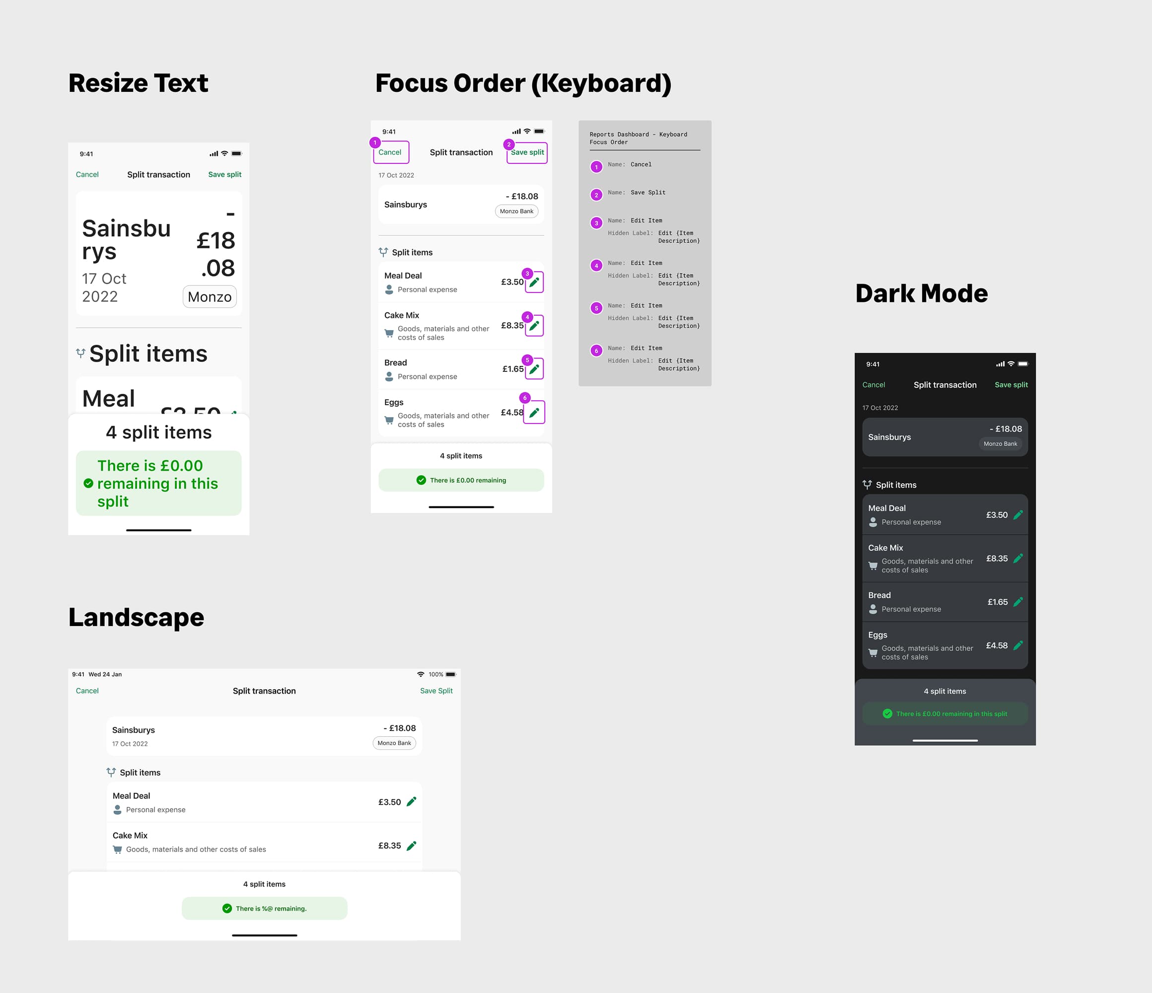 Accessibility considerations including resize text, focus order, dark mode, and landscape