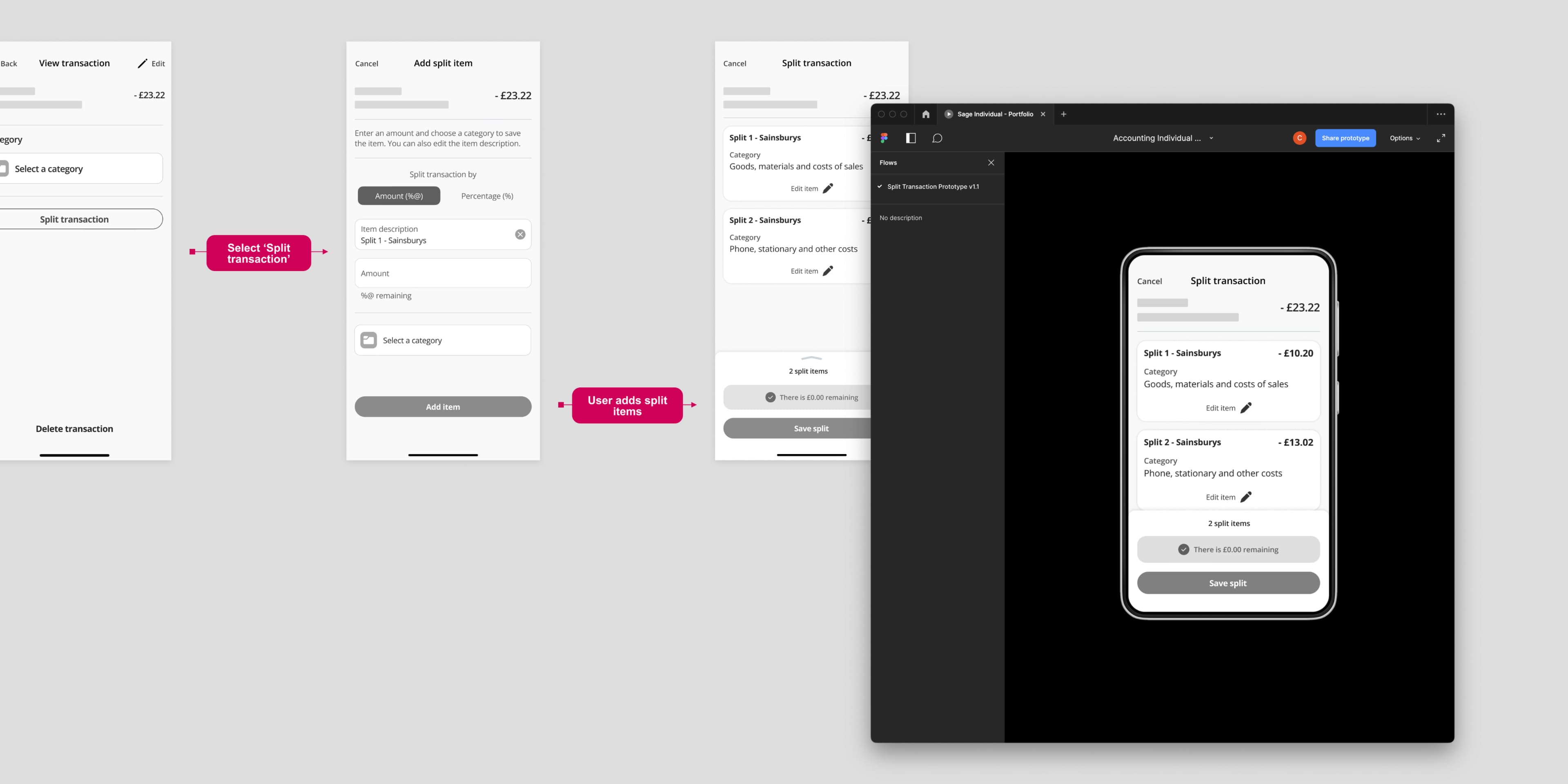 Wireframes and prototypes for transaction splitting