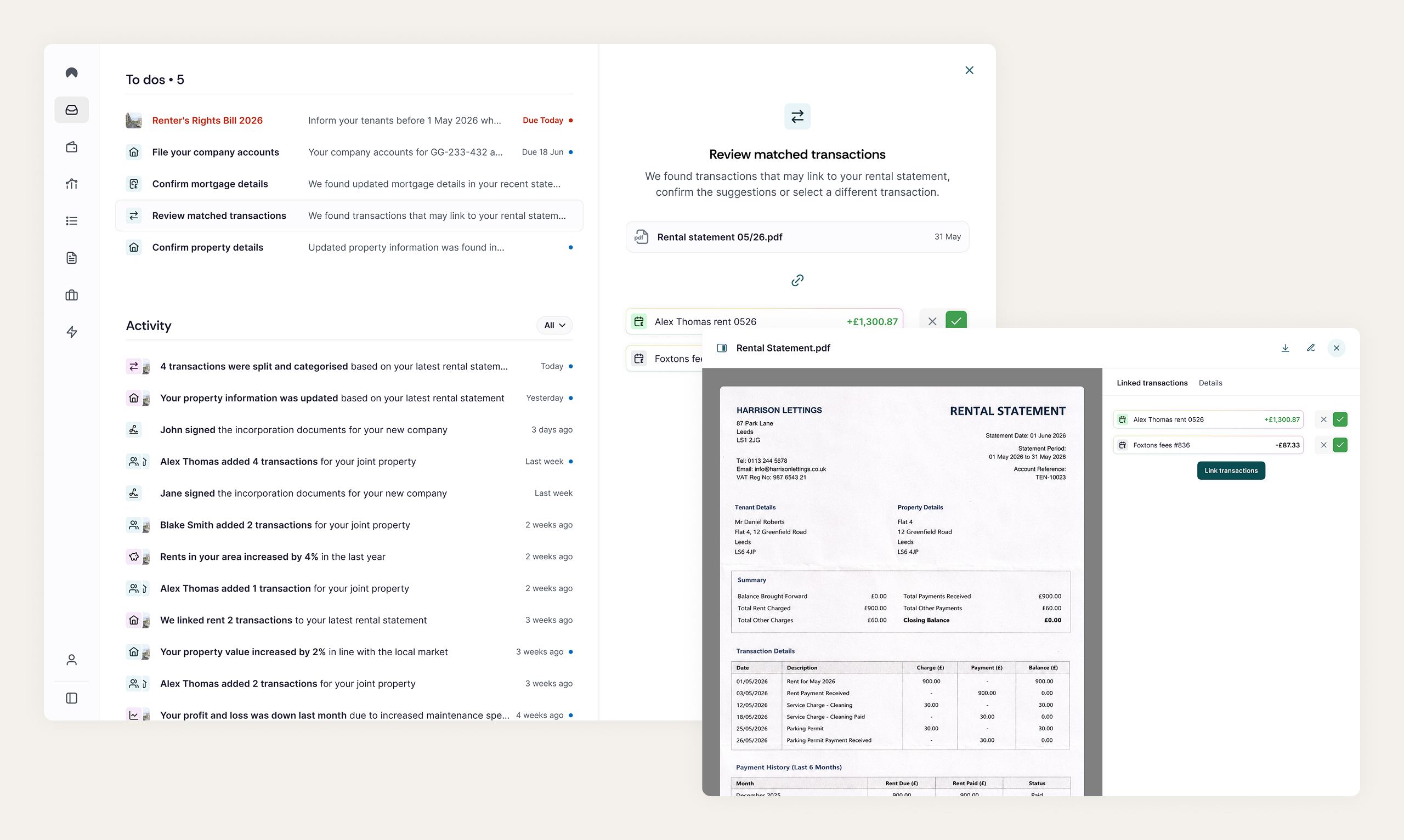 First agentic actions for reviewing matched transactions and linking them to rental statements