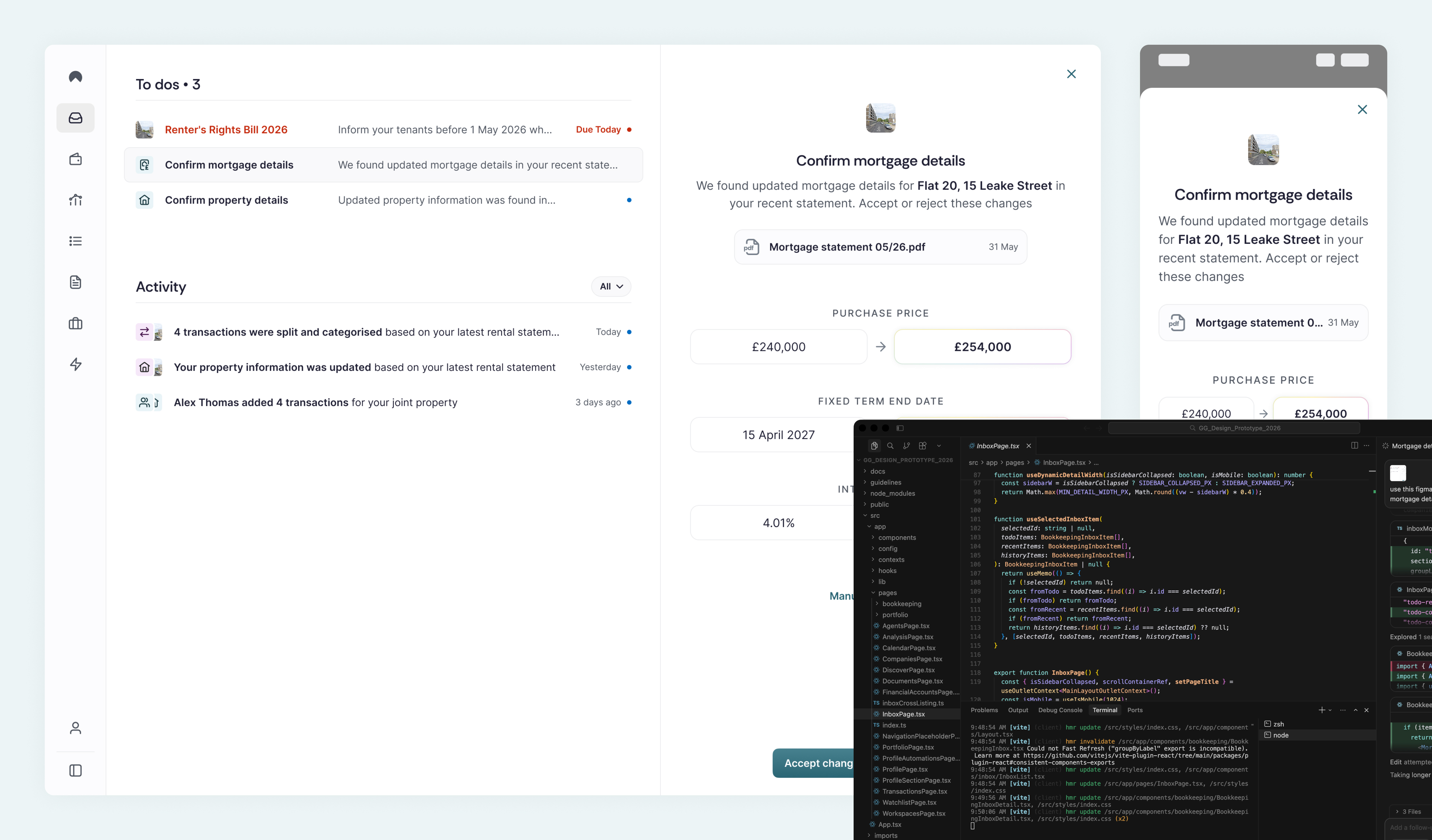 GetGround Inbox on desktop and mobile with code-first prototyping overlay