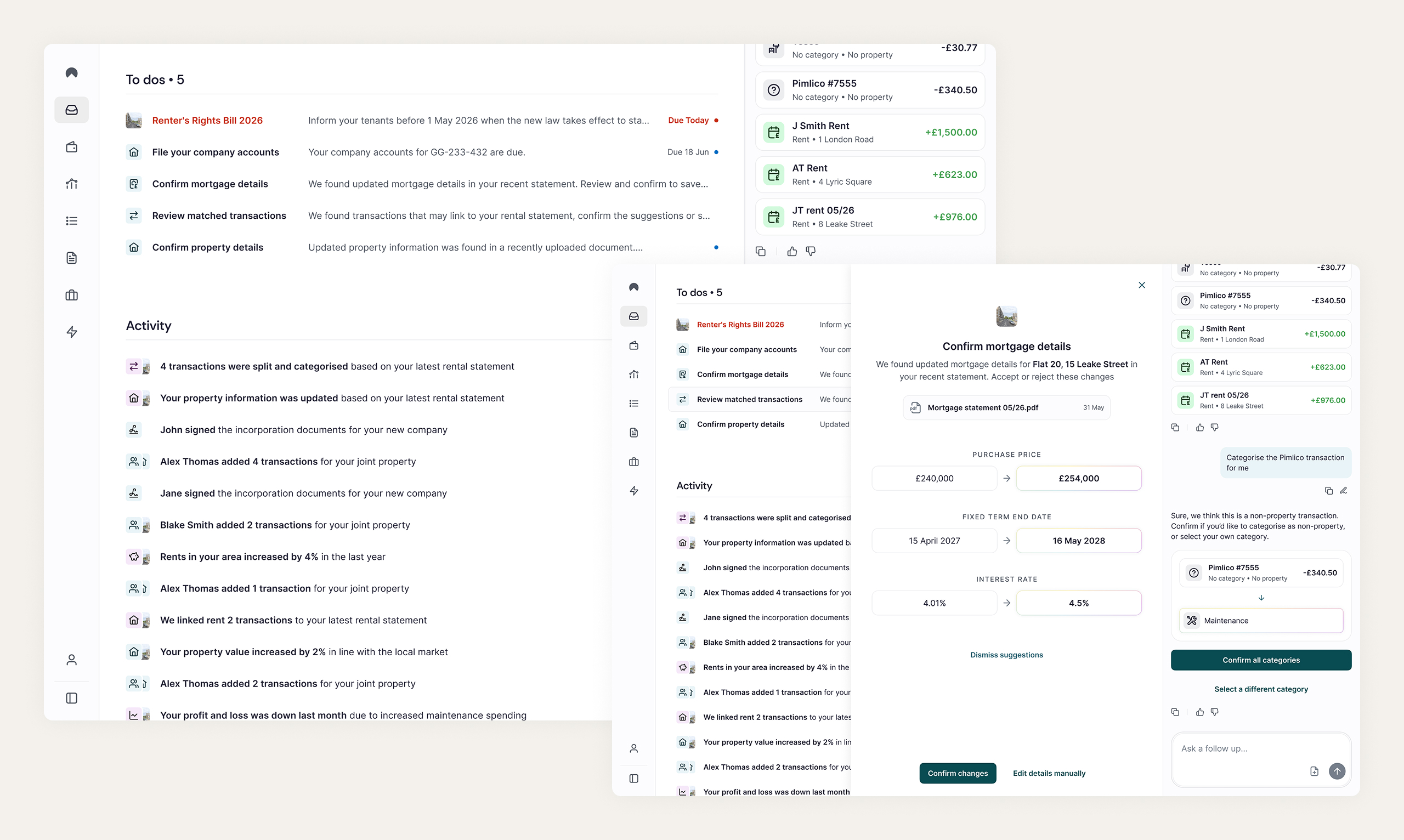 Desktop Inbox with mortgage details panel and side chat open