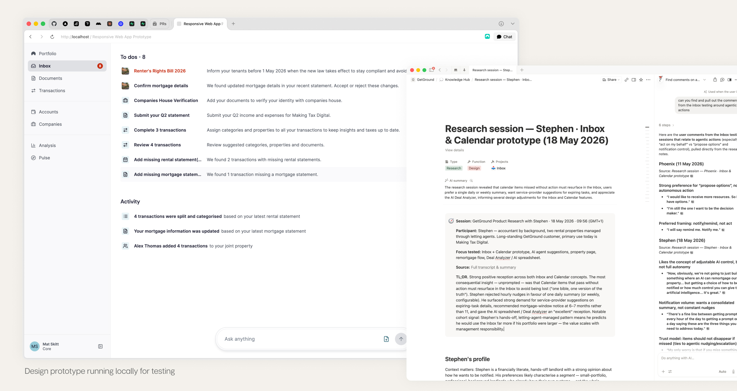 Inbox prototype running locally alongside user research session notes