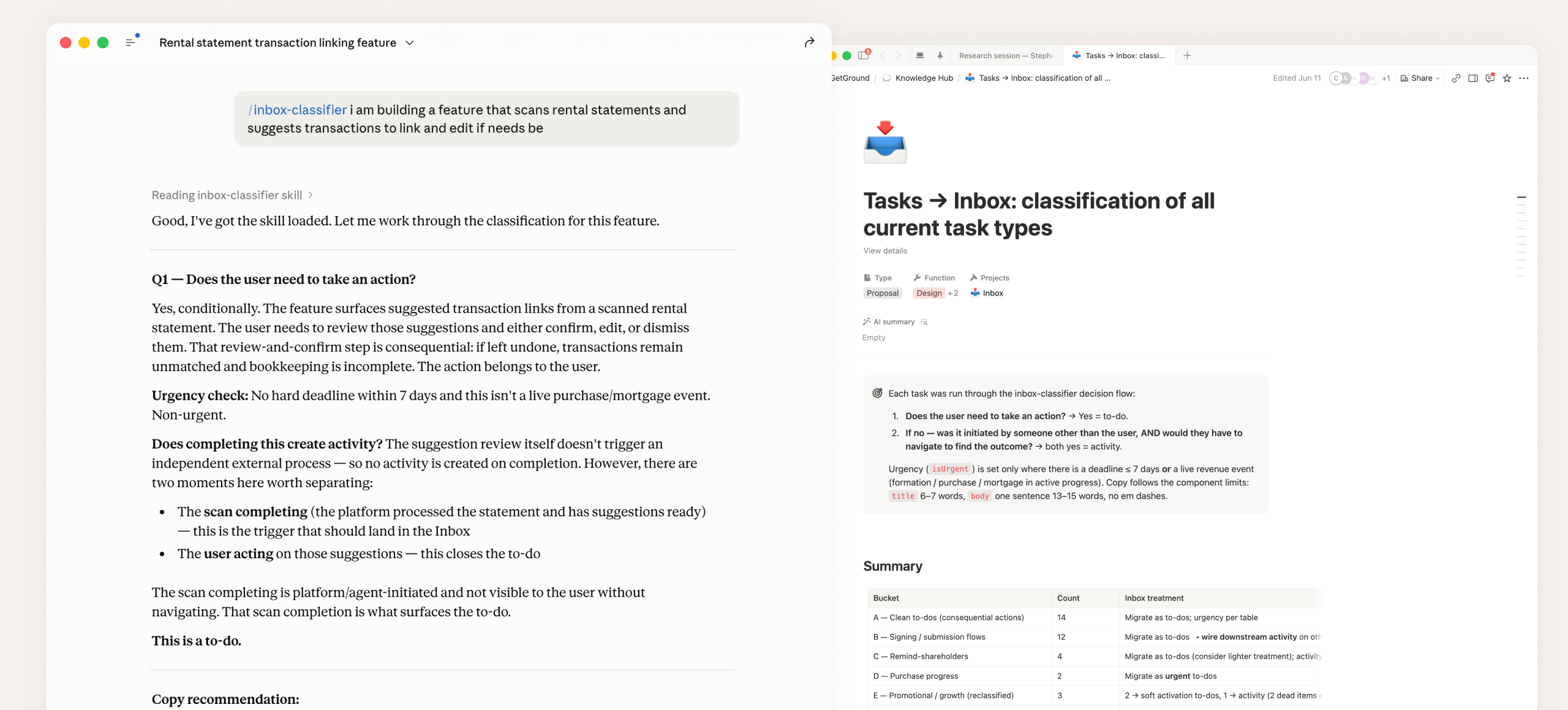 inbox-classifier skill in AI chat alongside Tasks to Inbox classification documentation