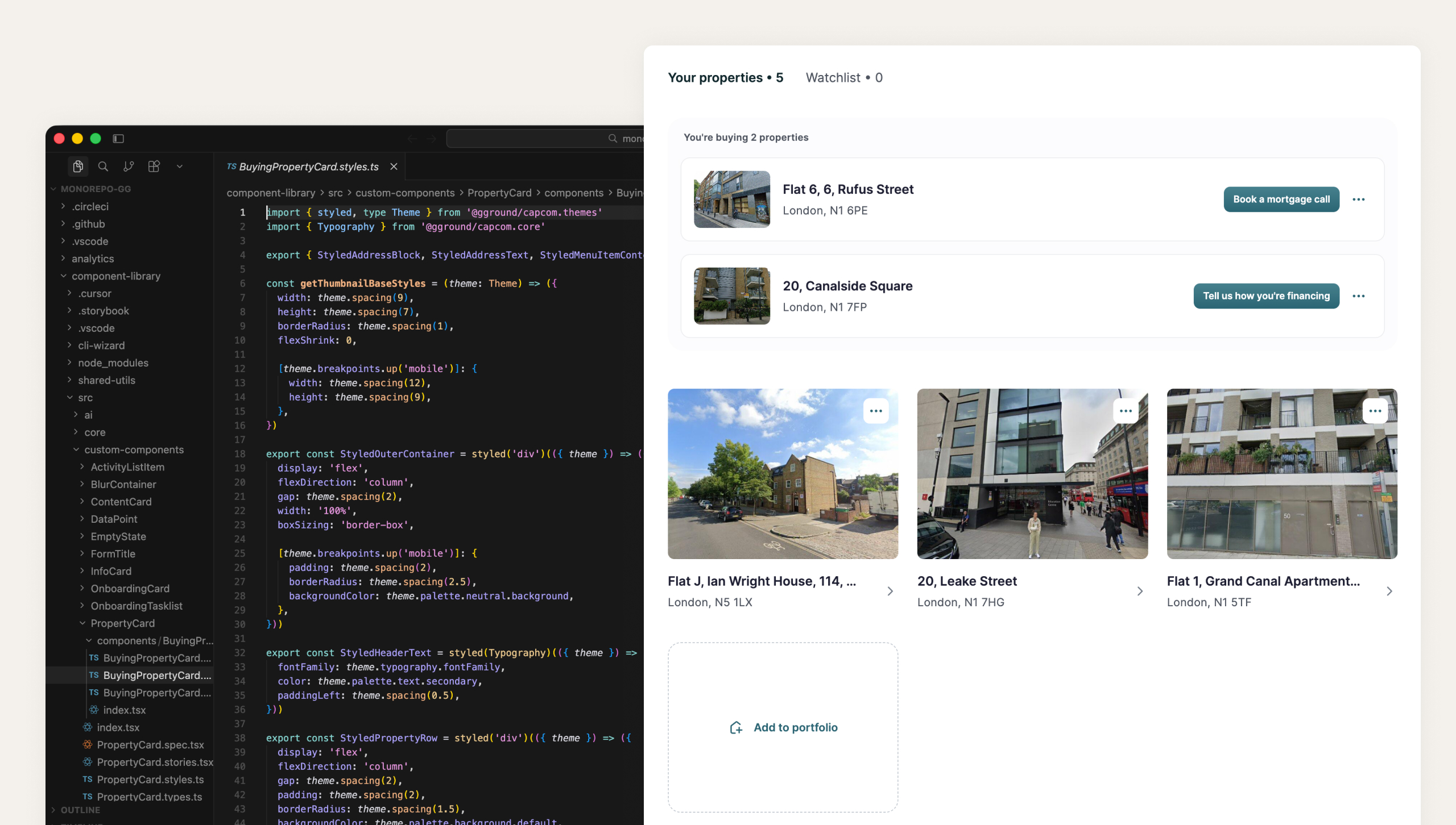 Buying property card implementation in code alongside portfolio with mortgage call CTAs