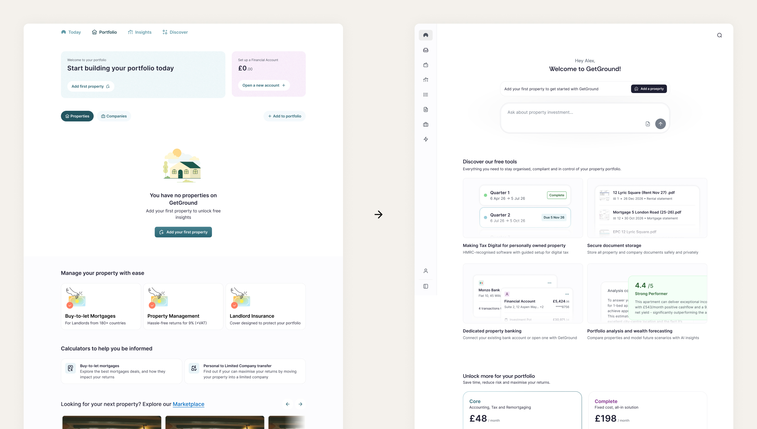 Old empty portfolio flow compared to redesigned intent-led dashboard