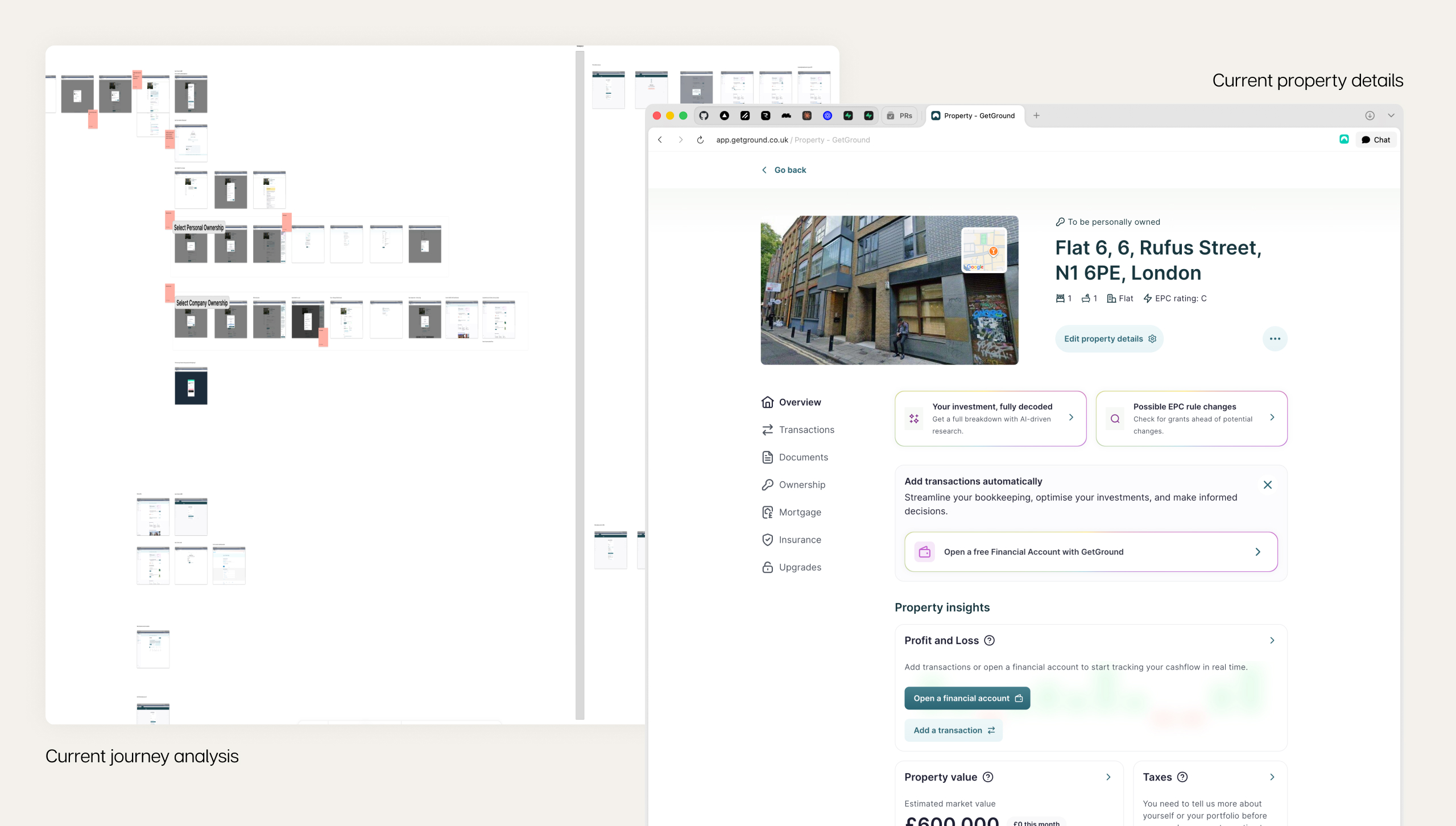 Current journey analysis alongside current property details screen